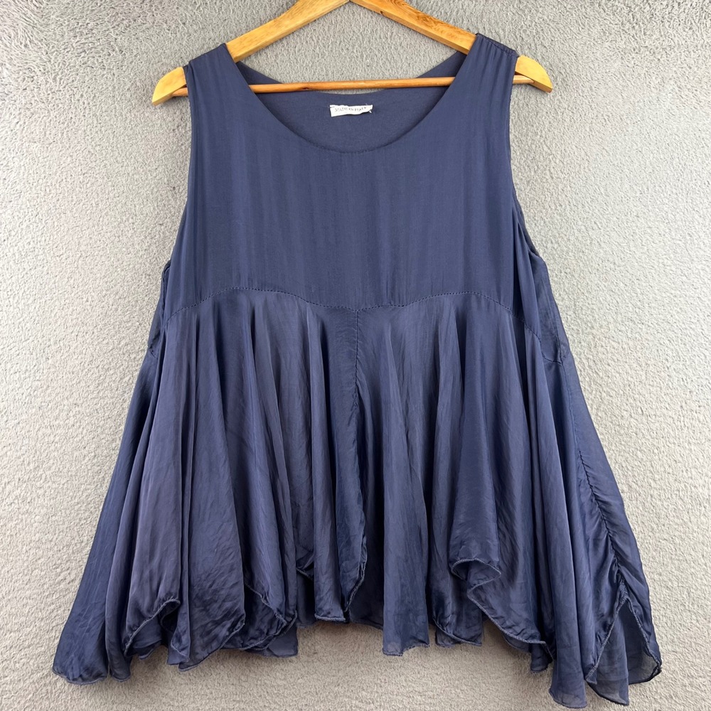 Made in Italy Silk Blend Sleeveless Pleated Tunic Top Navy Blue Layered Tunic